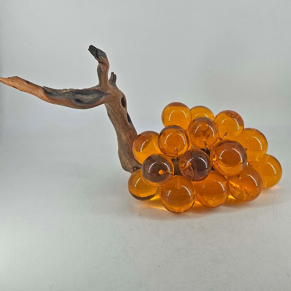 Vintage Lucite Acrylic Large Amber Orange Grape Cluster on Driftwood
